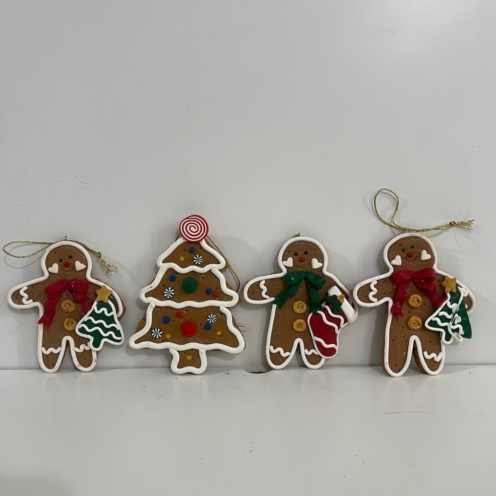 Set of 4 Gingerbread Man and Christmas Tree Ornaments Festive Holiday Decor